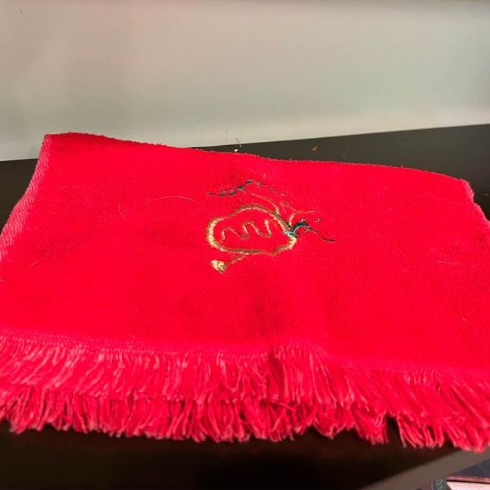 Lovely Red Christmas Hand Towel with French Horn Embroidery